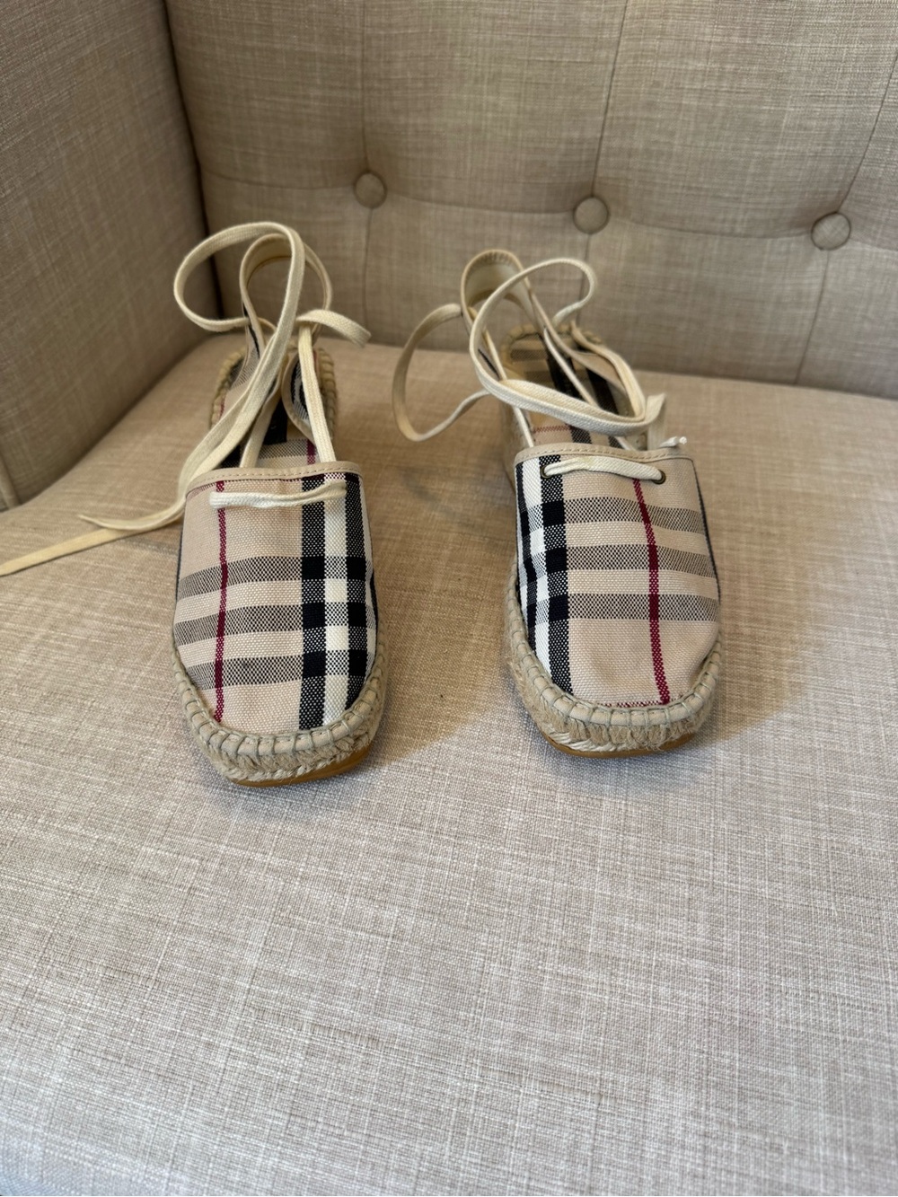 Burberry Nova Check Plaid Espadrille Lace-Up Wedges in Beige
